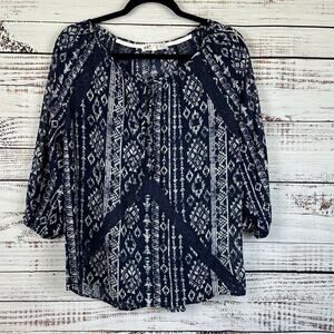 Womens JOLT Navy Blue Aztec Lace Boho Flowy 3/4 Sleeve Top Career Casual Size M